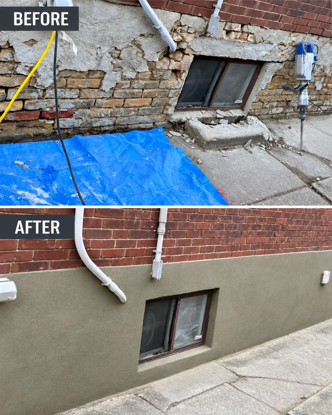 Basement wall parging — before & after by Apex Property & Roof Restorations