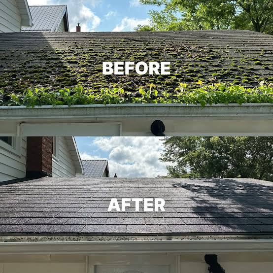Roof moss removal — before & after by Apex Property & Roof Restorations