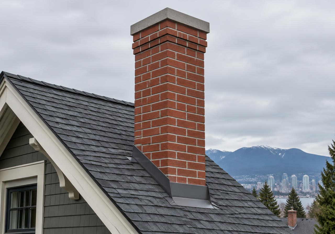Restored red brick chimney with new crown and flashing on a Vancouver home