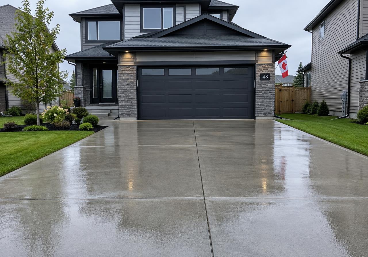 Freshly cleaned concrete driveway in front of a modern Canadian home