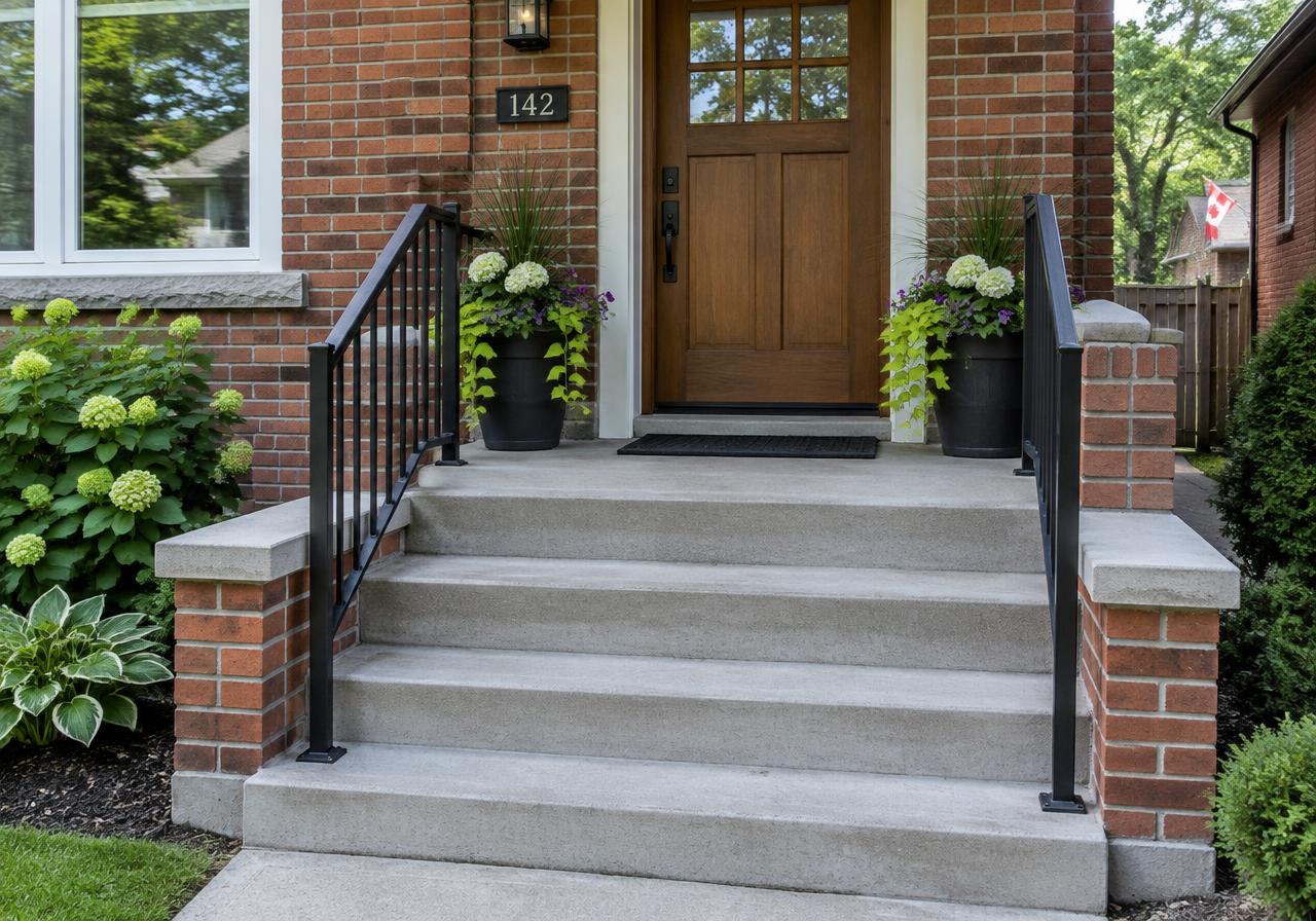 Restored concrete front steps with brick side walls and black railings