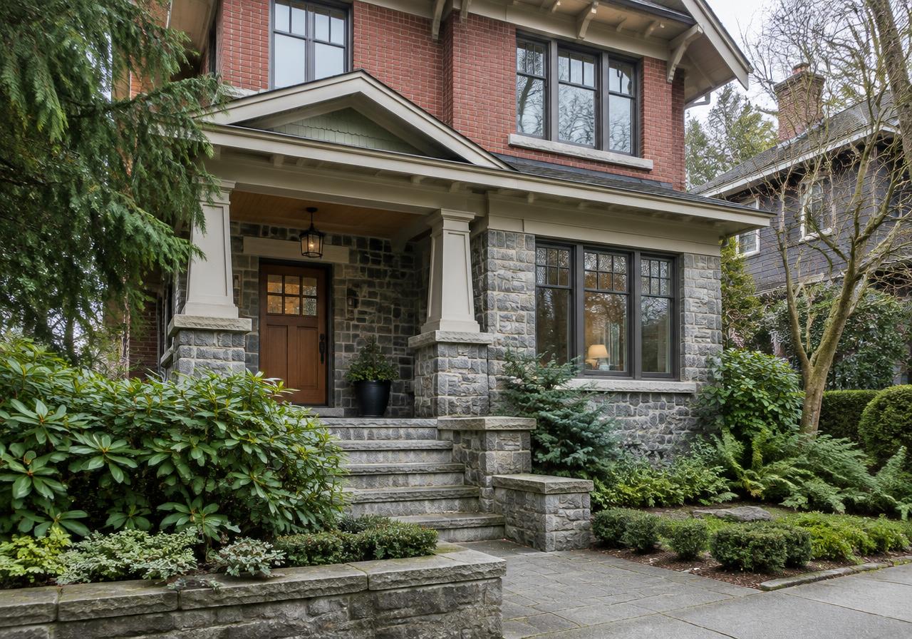 Heritage Vancouver home with stone porch columns, masonry steps and brick walls