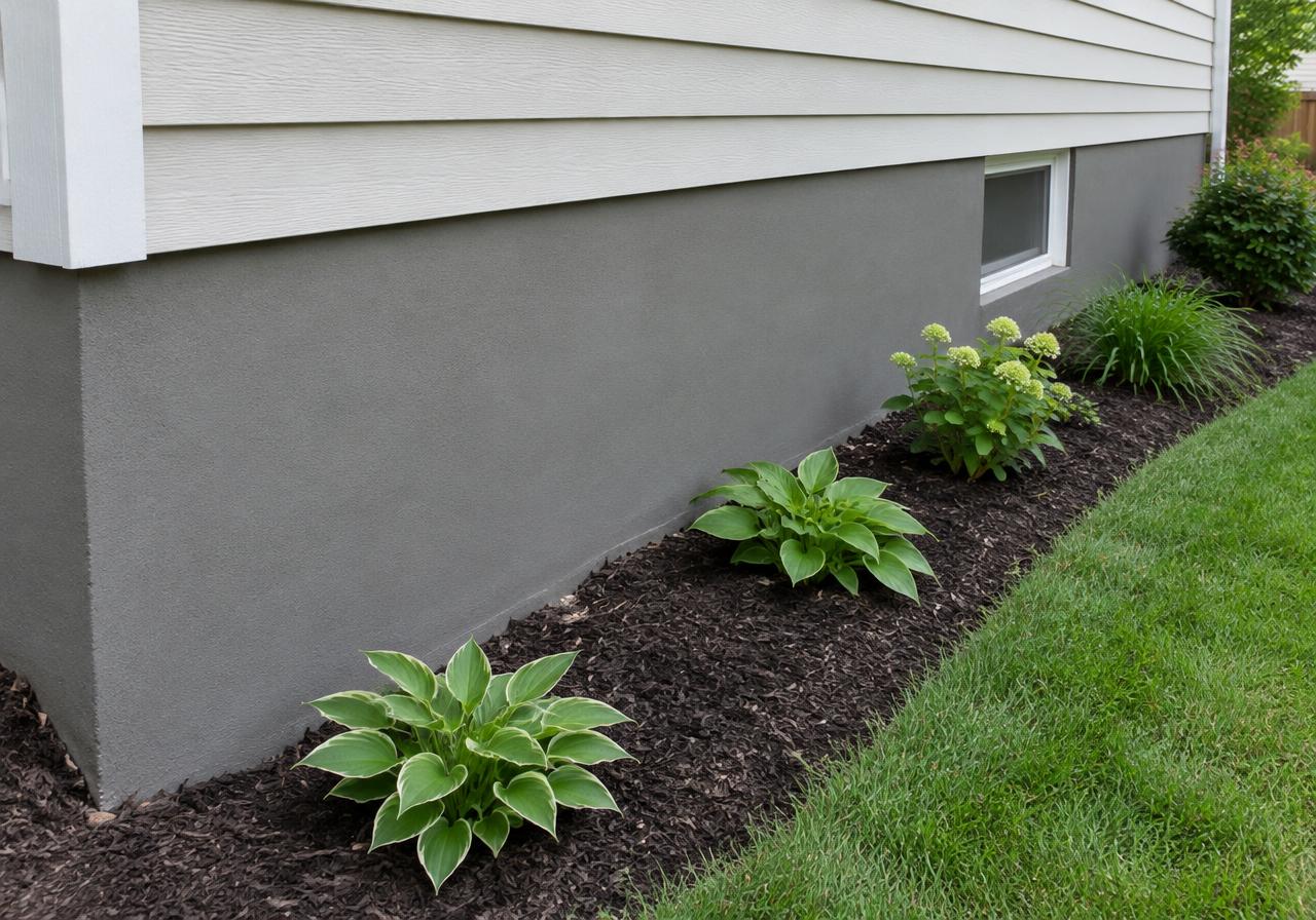 House foundation wall with a smooth fresh grey parging finish above a garden bed