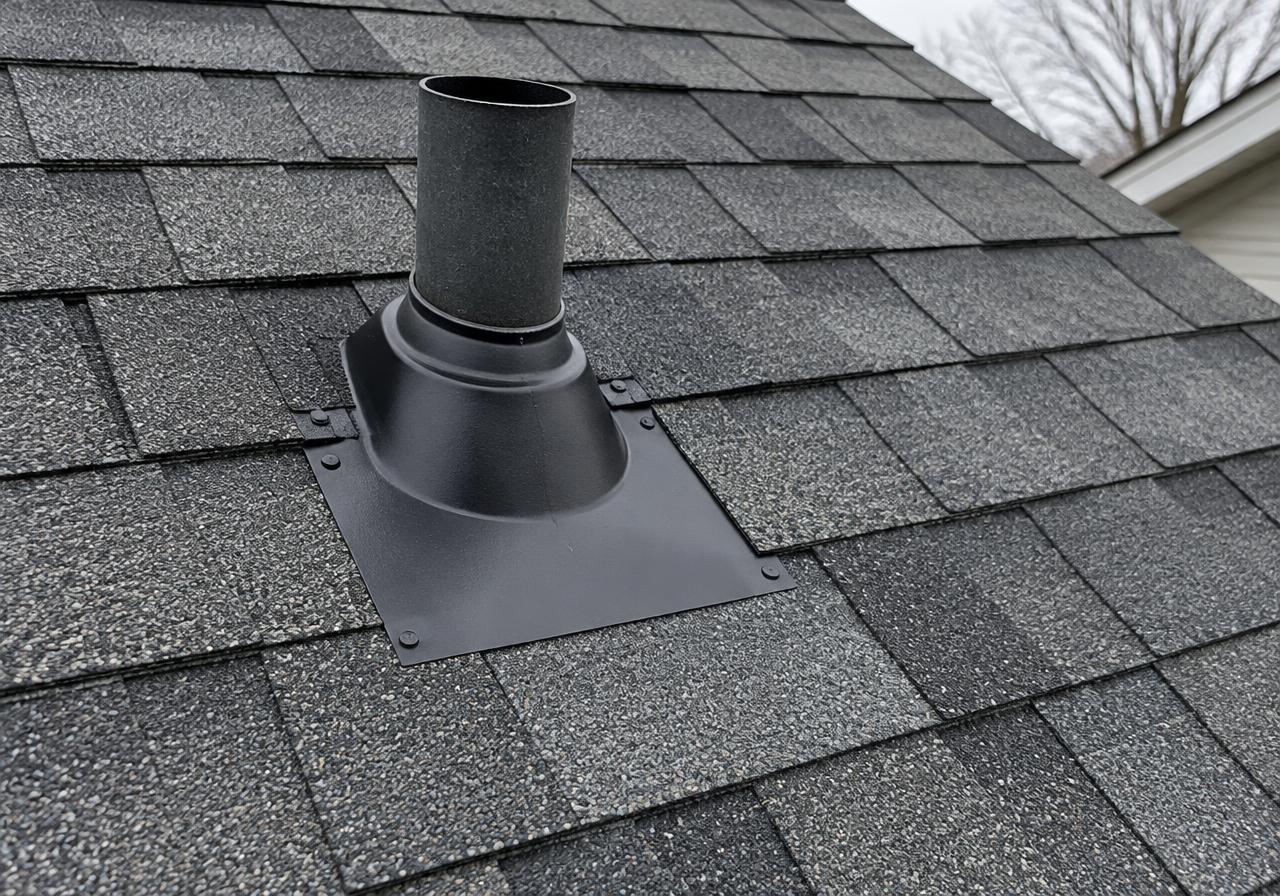 Asphalt shingle roof with newly sealed vent flashing after a roof repair